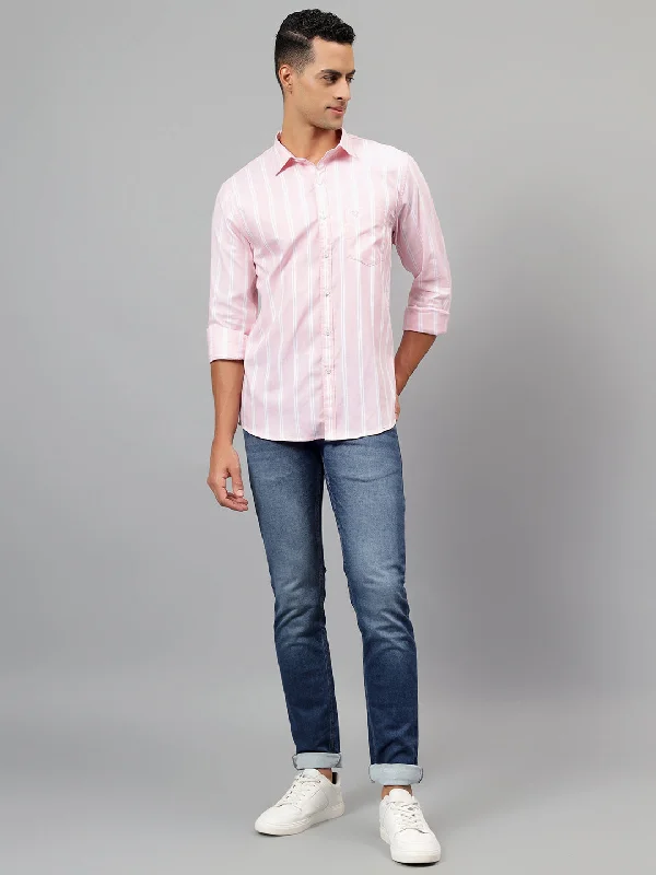 Insulated JacketsMen's Pink Striped Casual Full Sleeves Shirt