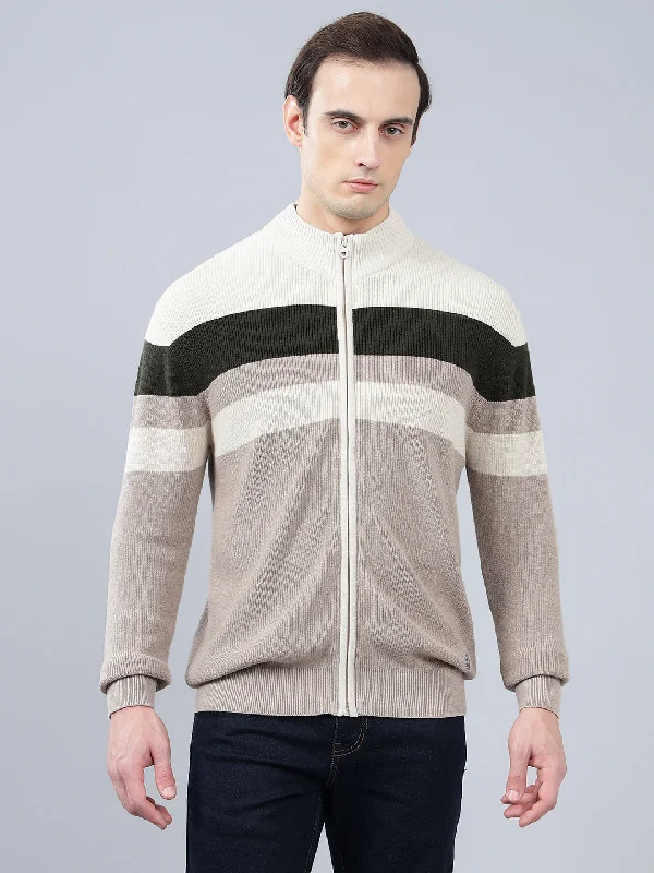 Leather JacketsMen's Striped Beige Full Sleeve Sweater