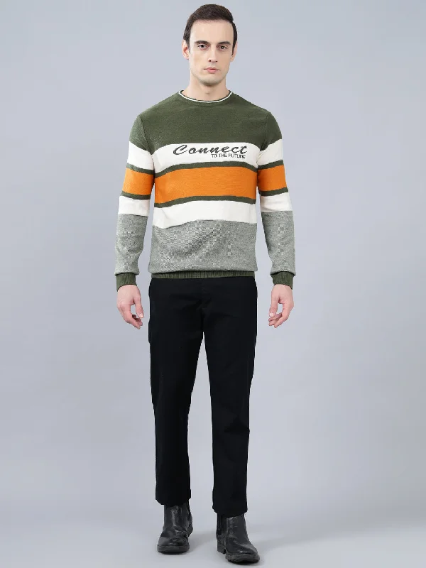 Puffer JacketsMen's Striped Green Full Sleeve Sweater