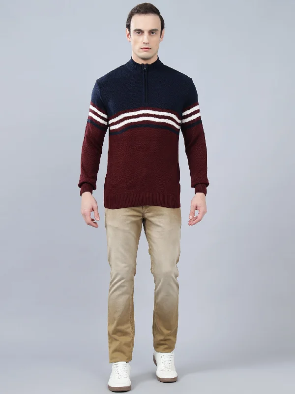 Denim JacketsMen's Striped Maroon Full Sleeve Sweater