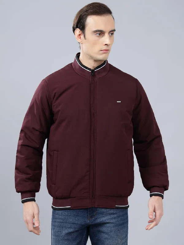 Travel JacketsMen's Wine Solid Mock Neck Reversible Winter Jacket