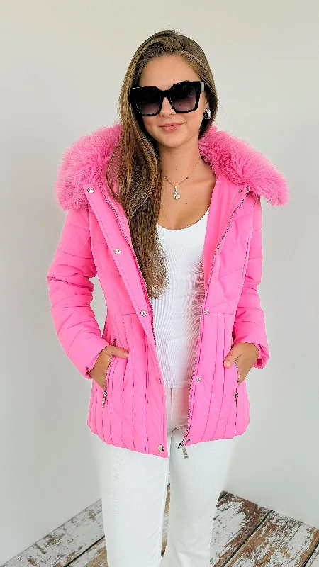 Sherpa JacketsFur Collar Puffer Jacket- Pink