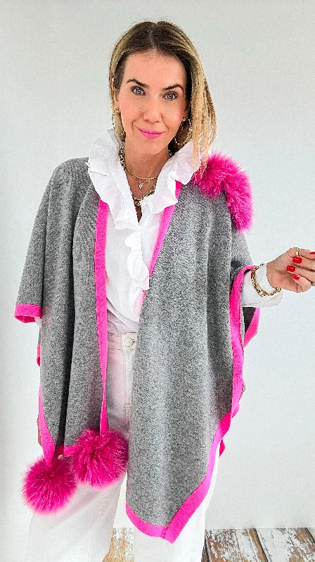 Polyester JacketsWrapped Knit Poncho - Lt. Grey/ Neon Pink