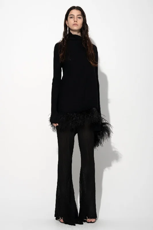 BLACK MERINO WOOL DRAPED JUMPER WITH FEATHERS