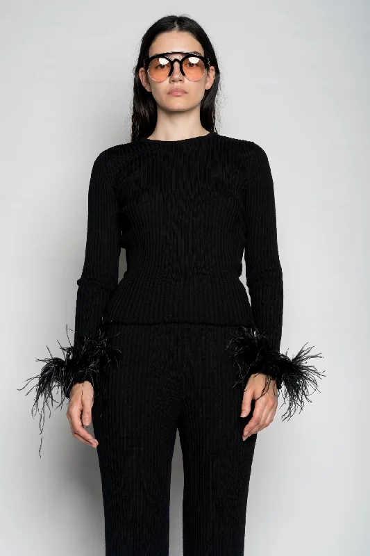 BLACK MERINO WOOL FITTED TOP WITH FEATHERS