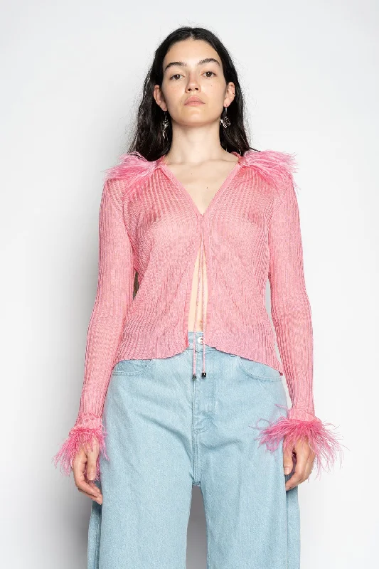 LIGHT PINK VISCOSE KNITTED TOP WITH FEATHERS