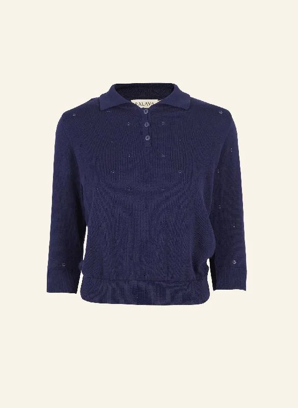 Aila Knitted Cotton Top - Navy