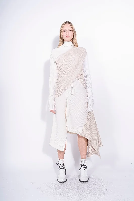 BEIGE PATCHWORK DRAPED JUMPER IN MERINO KNIT