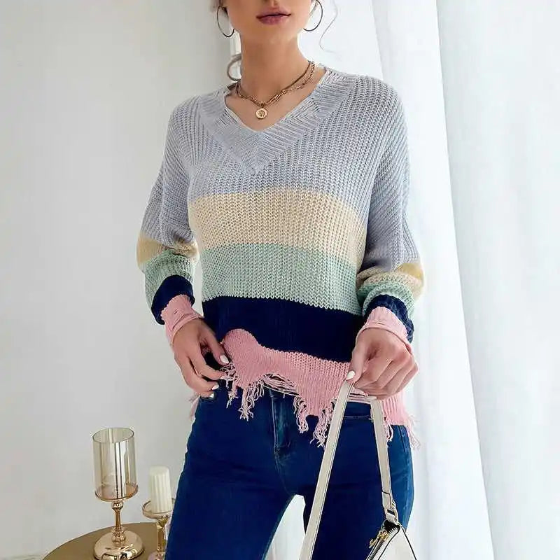 Casual women’s long-sleeved worn-out knitted bottoming v-neck sweaterCropped Knit Tops