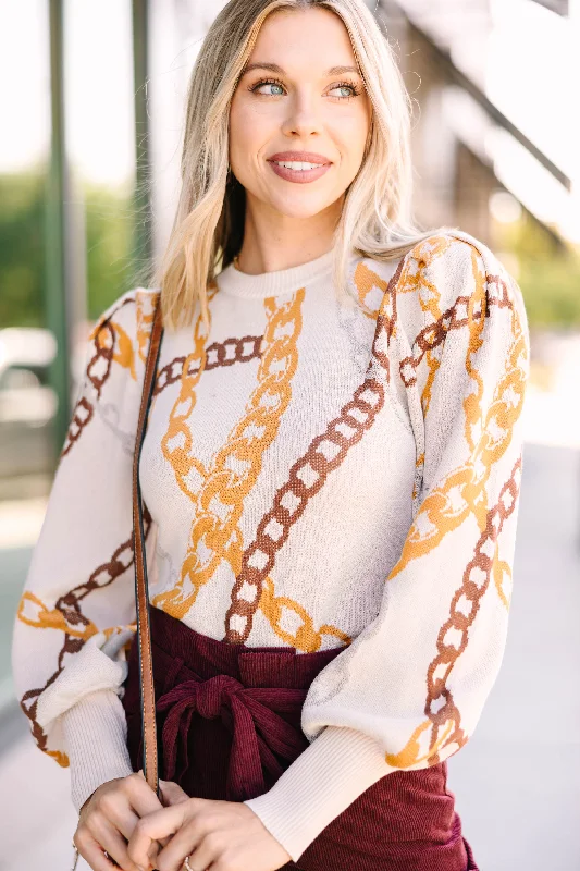 Chained To The Rhythm Ivory White SweaterLogo Knit Tops