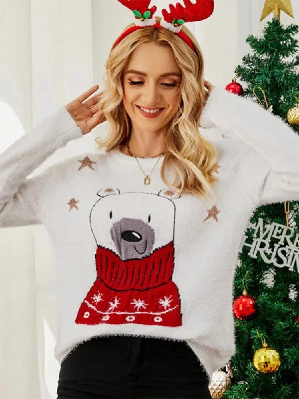 Christmas Cartoon Bear Embroidery Holiday SweaterSkateboard Knit Tops