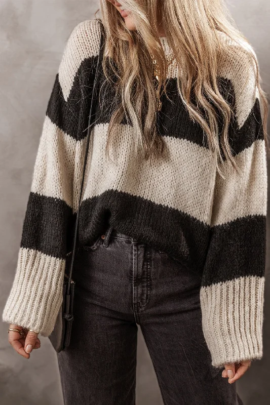 Black Stripe Knit | Round Neck Sweater | Rubies + LaceThermal Knit Tops