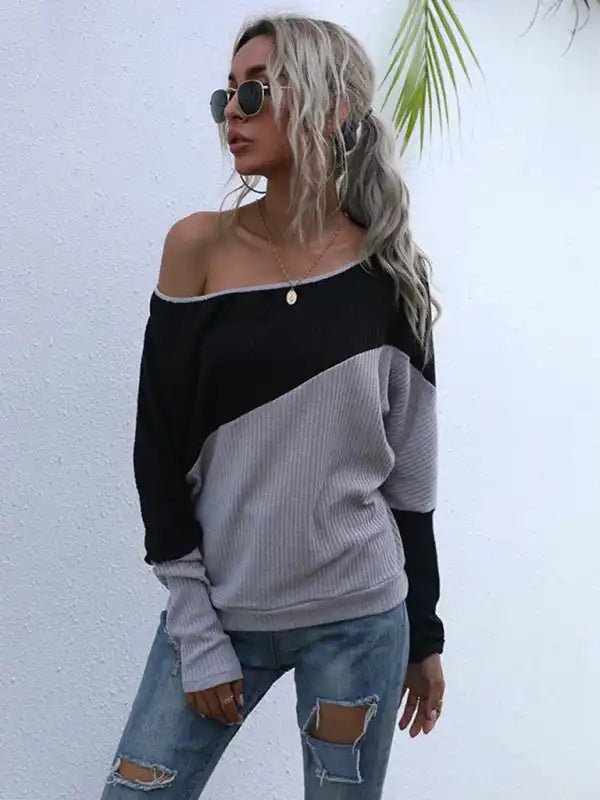 Colorblock Long Sleeve Knit Loose Off Shoulder One Shoulder TopFringed Knit Tops