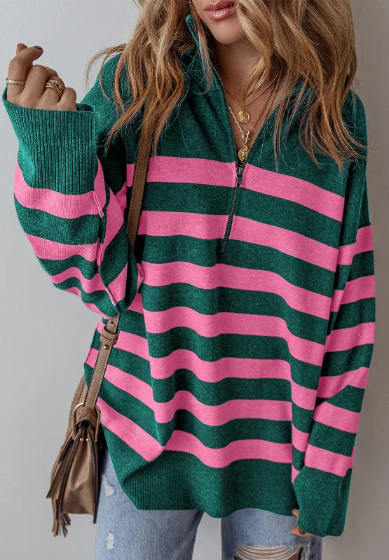 Green to Pink Stripe | Quarter Zip Sweater | Rubies + LacePolyester Knit Tops