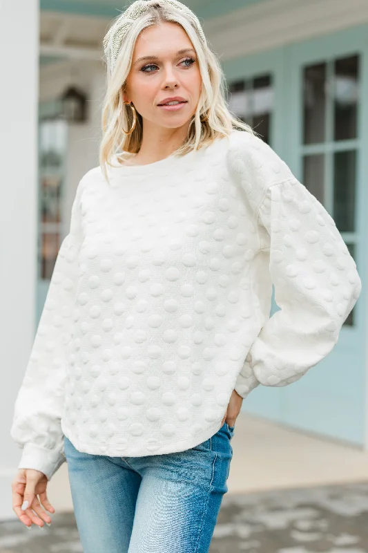 Don't Miss This Cream White Polka Dot SweaterZippered Knit Tops