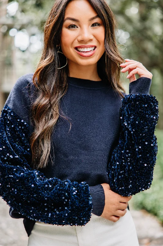 Don't Think Twice Navy Blue Sequin SweaterHooded Knit Tops