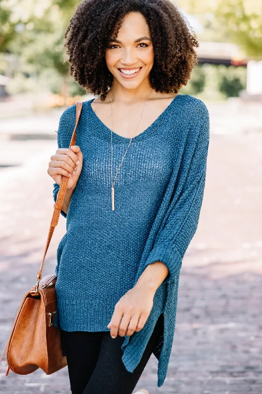 Don't Waste A Moment Teal Blue Oversized SweaterPainted Knit Tops