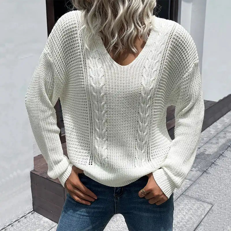 Fashionable women’s white long sleeve v-neck twist sweaterAthletic Knit Tops