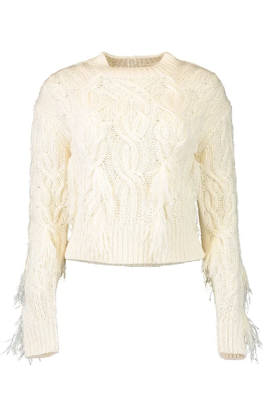 Feather Embellished Cable SweaterLeather-Paneled Knit Tops