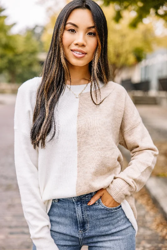 Find Your Center Ivory White Colorblock SweaterOff-Shoulder Knit Tops