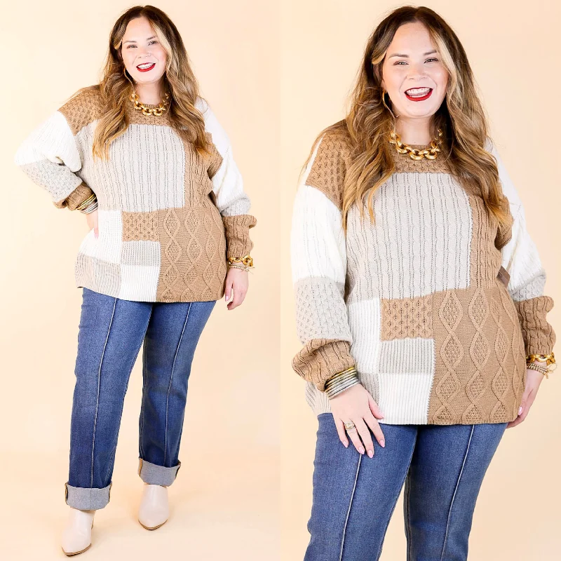 Frozen Lake Mix Knit Color Block Sweater in Ivory, Tan, and GreyHemp Knit Tops