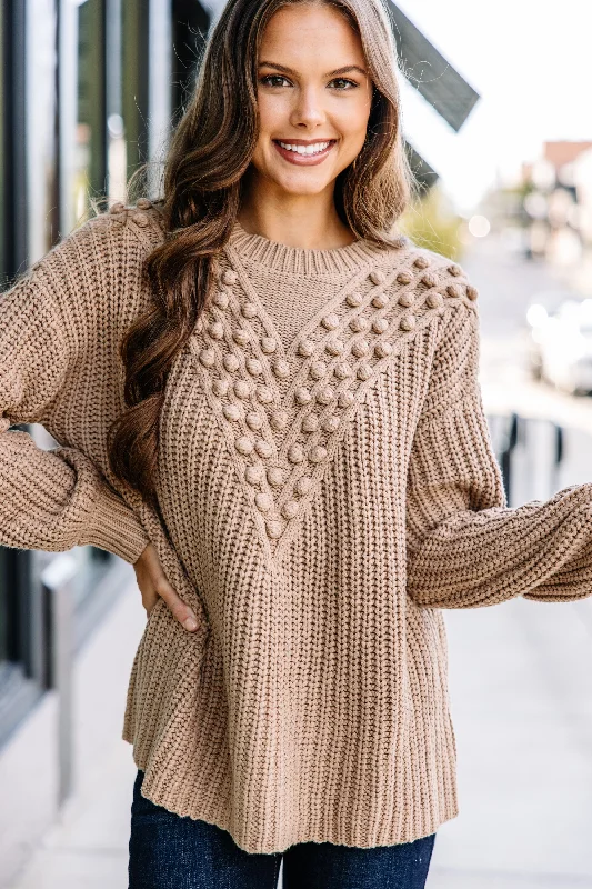 Get Involved Taupe Brown Pompom SweaterOversized Knit Tops