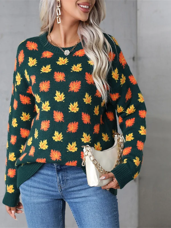 Halloween Maple Leaf Christmas Crew Neck Sweater Knit Bottom SweaterStudded Knit Tops