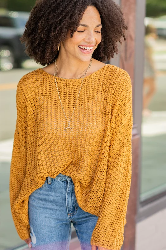 Here For It Butter Scotch Yellow Loose Knit SweaterAsymmetrical Knit Tops