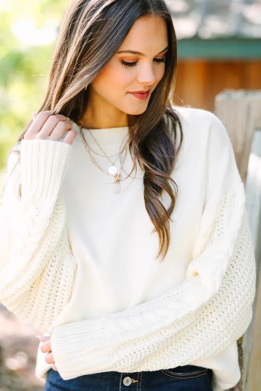 Just Too Sweet Ivory White Cable Sleeve SweaterTravel Knit Tops