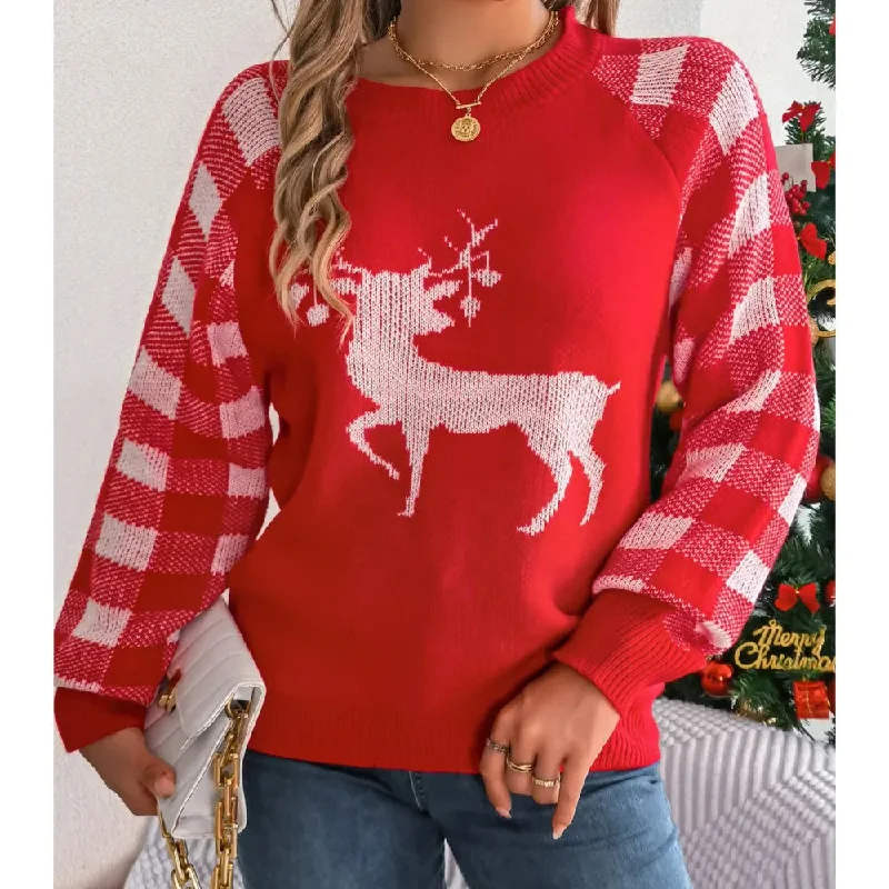 Knitted Plaid Christmas Sweater with Round Neck and Long Sleeves for Autumn/WinterGlitter Knit Tops