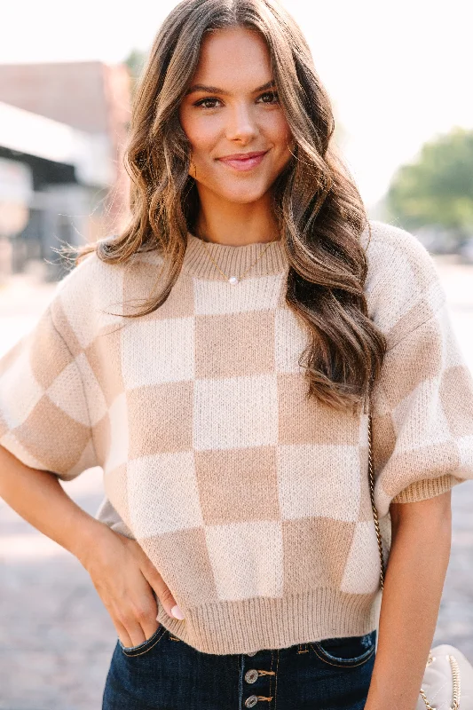 Love Like That Latte Brown Checkered Crop SweaterDesigner Knit Tops