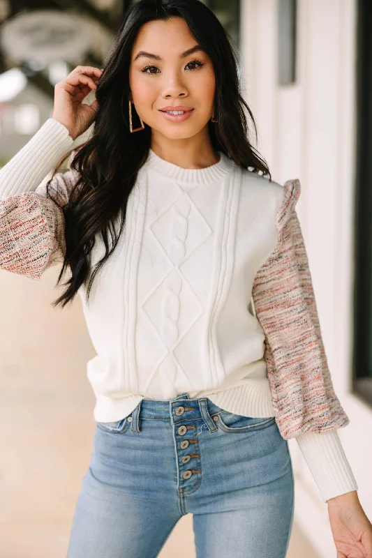 Make Your Day Cream White Ruffled SweaterSkateboard Knit Tops