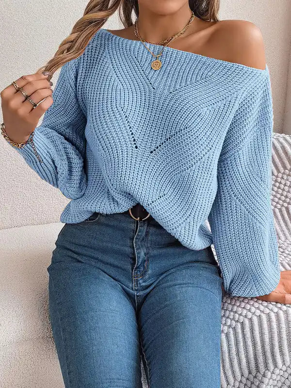 New casual hollow one-line collar off-shoulder lantern sleeve sweaterStreetwear Knit Tops