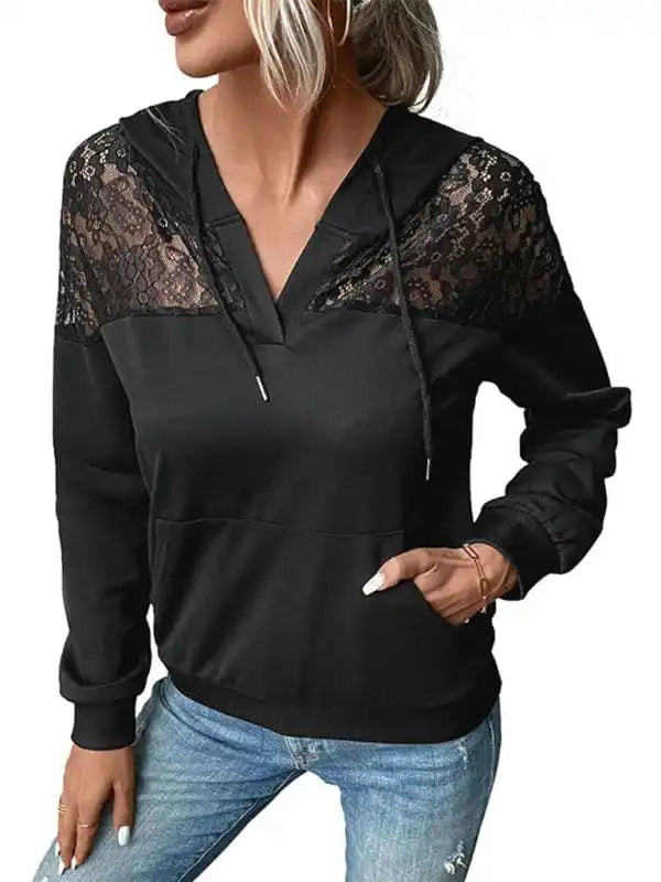 New long-sleeved black lace stitching women’s hooded sweaterMetallic Knit Tops