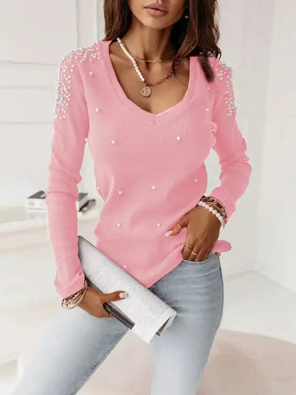 New solid color long-sleeved V-neck beaded topUrban Knit Tops