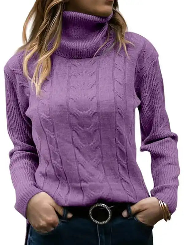 Women’s Solid Color Turtleneck Sweater Retro Long Sleeve SweaterOrganic Cotton Knit Tops