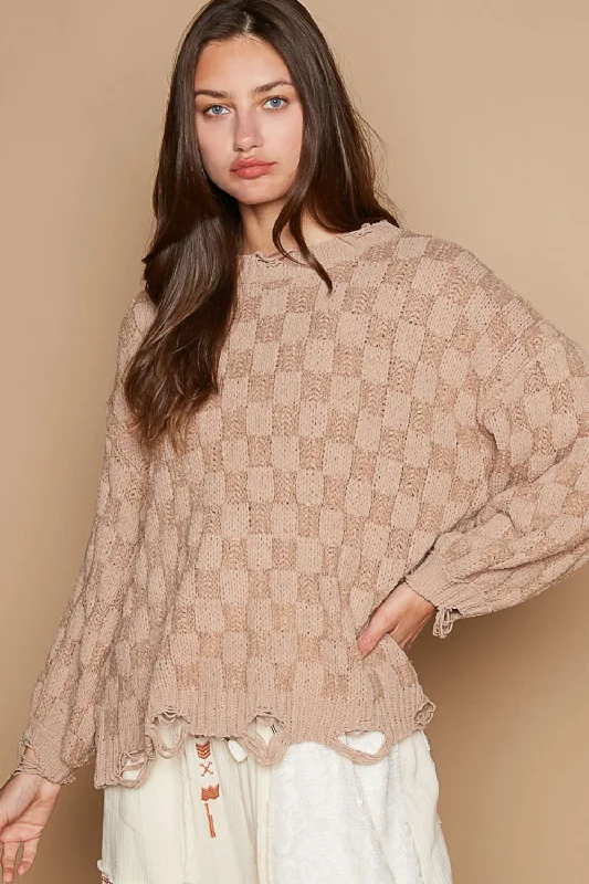 POL | Checkered Mocha Beige Sweater | Rubies + LaceFall Knit Tops