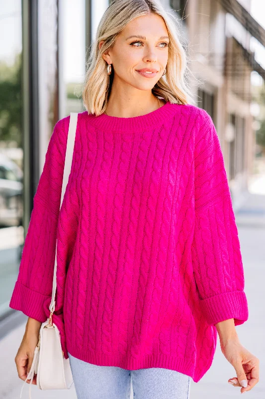 Rare Love Fuchsia Pink Cable Knit SweaterButton-Up Knit Tops