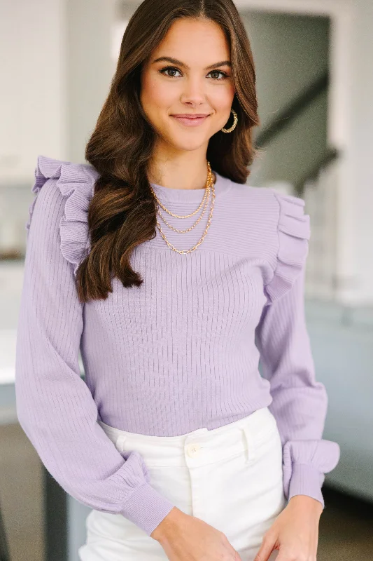 Reach Out Lavender Purple Ruffled SweaterRibbed Cuff Knit Tops