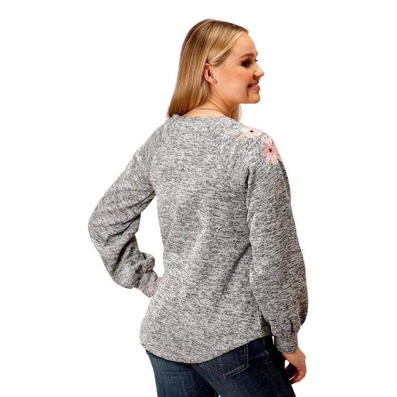 Roper Western Sweater Womens Polar Fleece Floral 03-038-0513-7078 GYEmbroidered Knit Tops