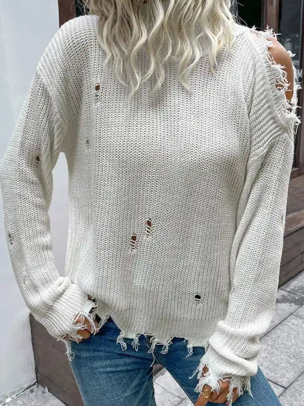 Shabby Long Sleeve Cutout White Turtleneck SweaterThermal Knit Tops