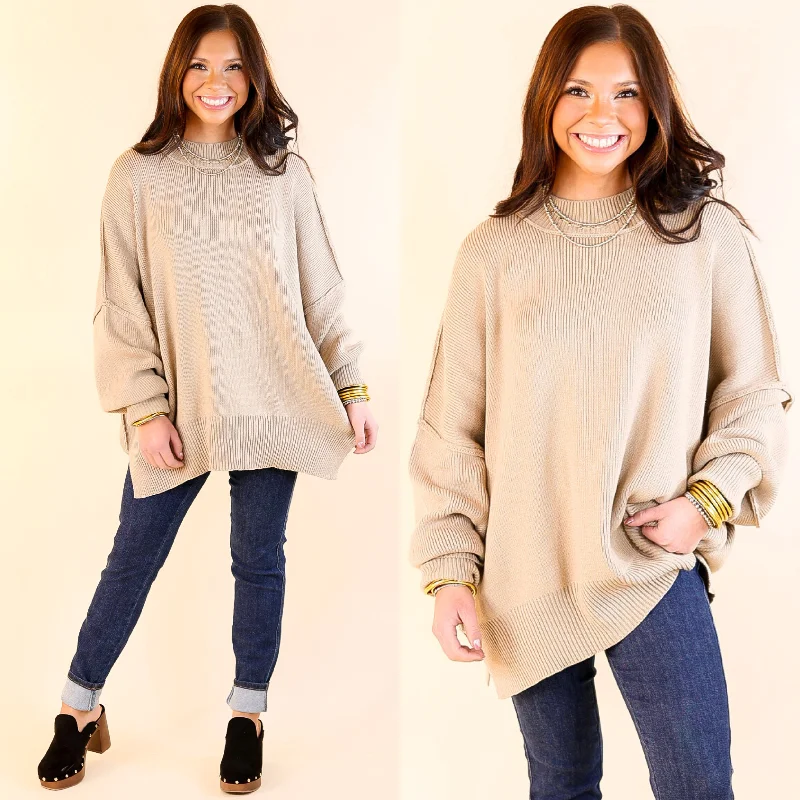 Snug and Stylish Mock Neck Sweater with Side Slit in Light Mocha BrownCashmere Knit Tops