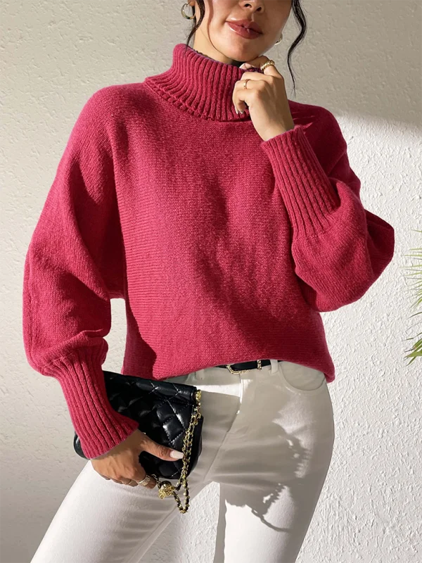 Solid Color Simple Bat Sleeve Top High Collar Lapel SweaterPocketed Knit Tops