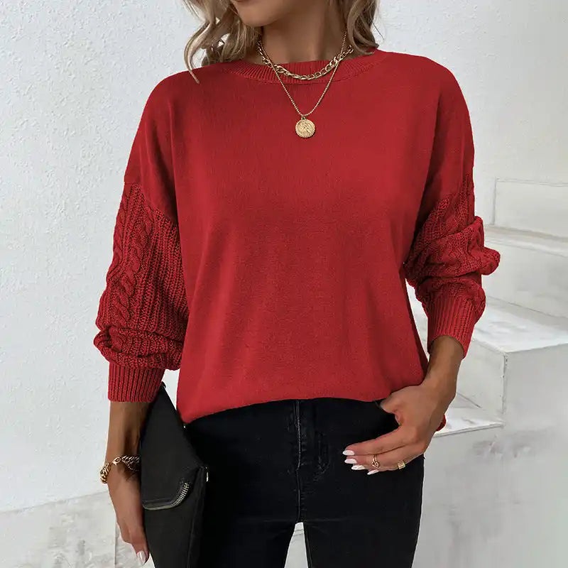 Solid Round Neck Twist Knit Balloon Sleeve SweaterCasual Knit Tops