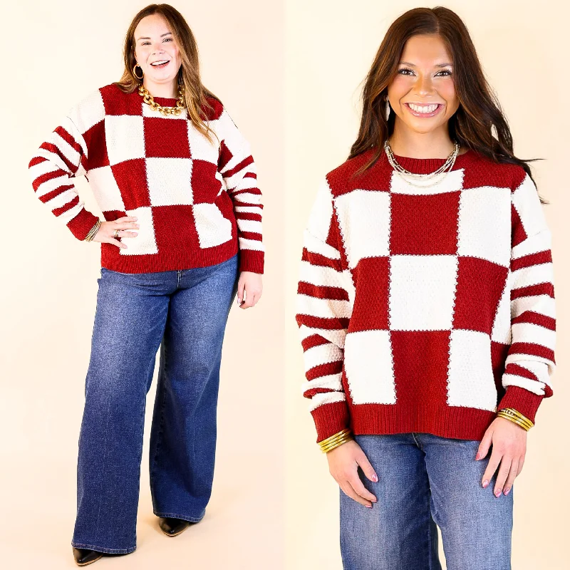 Split Decision Dual Patterned Long Sleeve Sweater in MaroonSilk Knit Tops