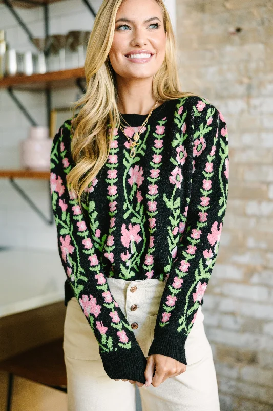 Stil Believe Black Floral SweaterRuffled Knit Tops