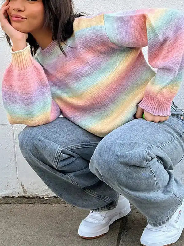 Striped Ombre Crew Neck Drop-Shoulder Sleeve Casual SweaterRetro Knit Tops