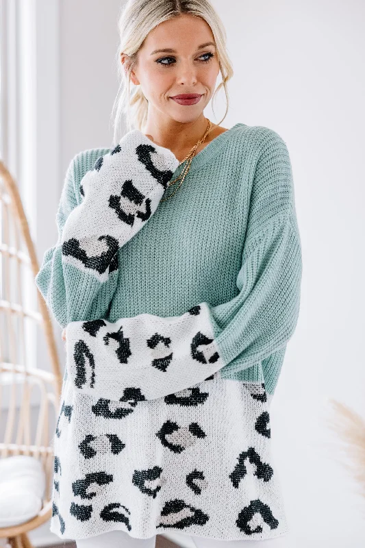 Watching You Go Mint Green Leopard SweaterCable Knit Tops