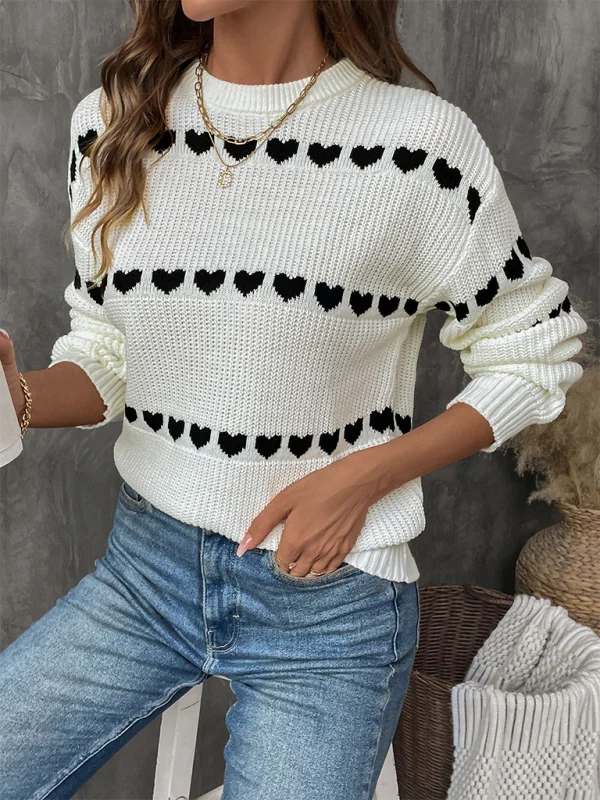 White Long Sleeve Heart SweaterLace Knit Tops