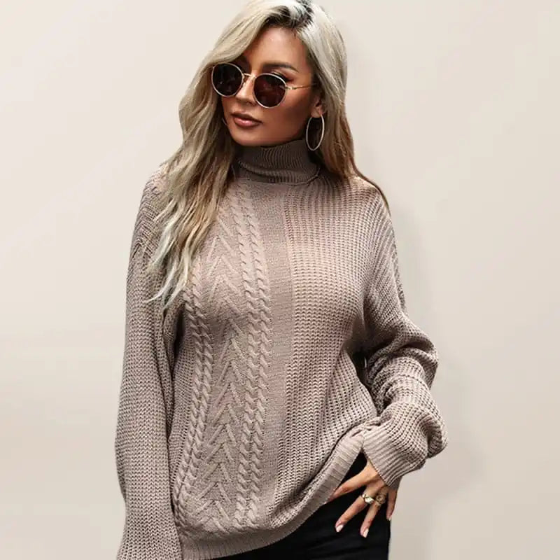 Women’s Chic Turtleneck Cable Knit Long Sleeve SweaterRibbed Cuff Knit Tops